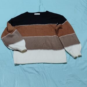 Acne Black, Brown, and Cream Striped Crewneck Sweater